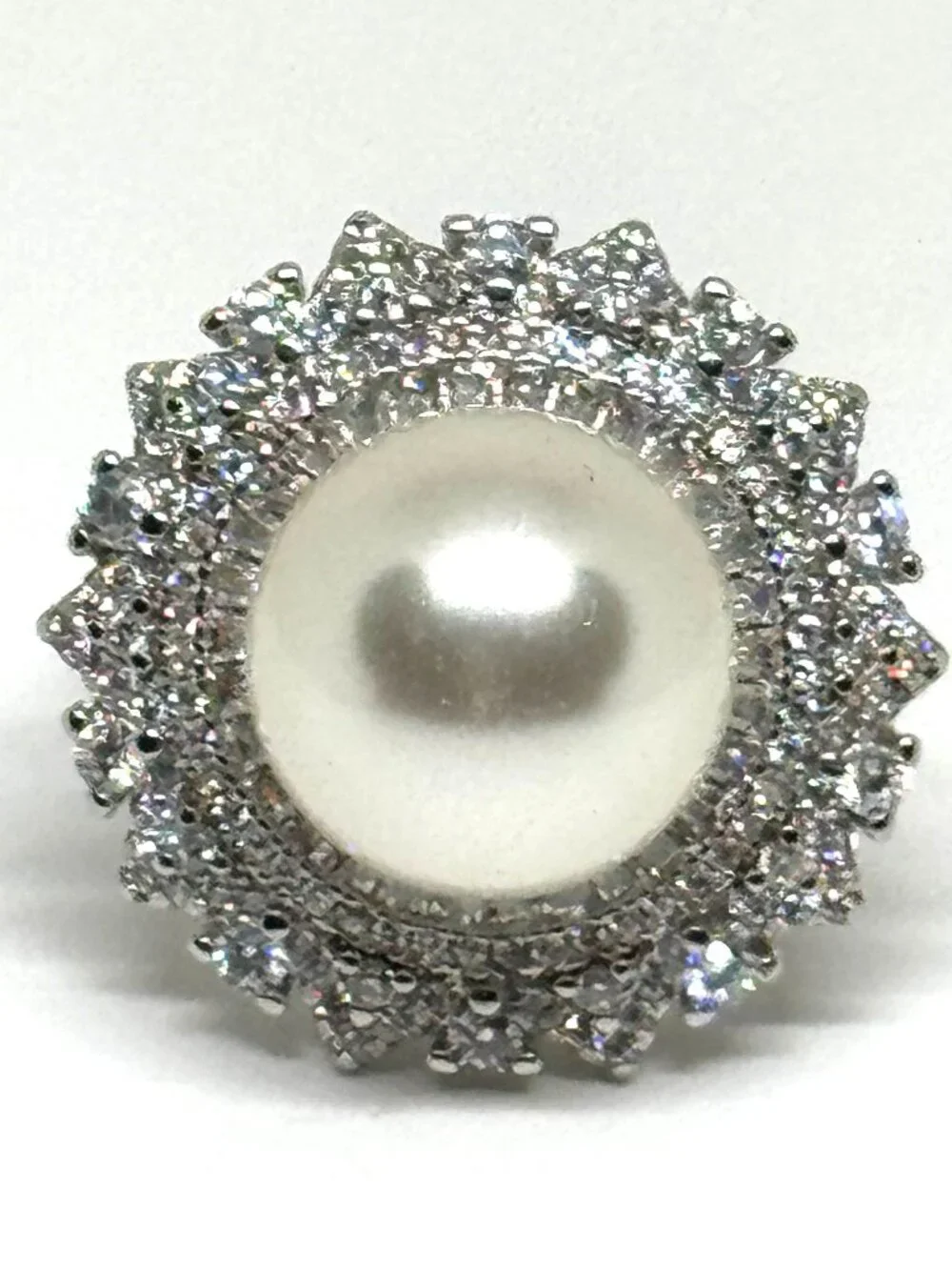 High quality fashion ring, silver plate, lots of CZs, imitation pearl adjustable